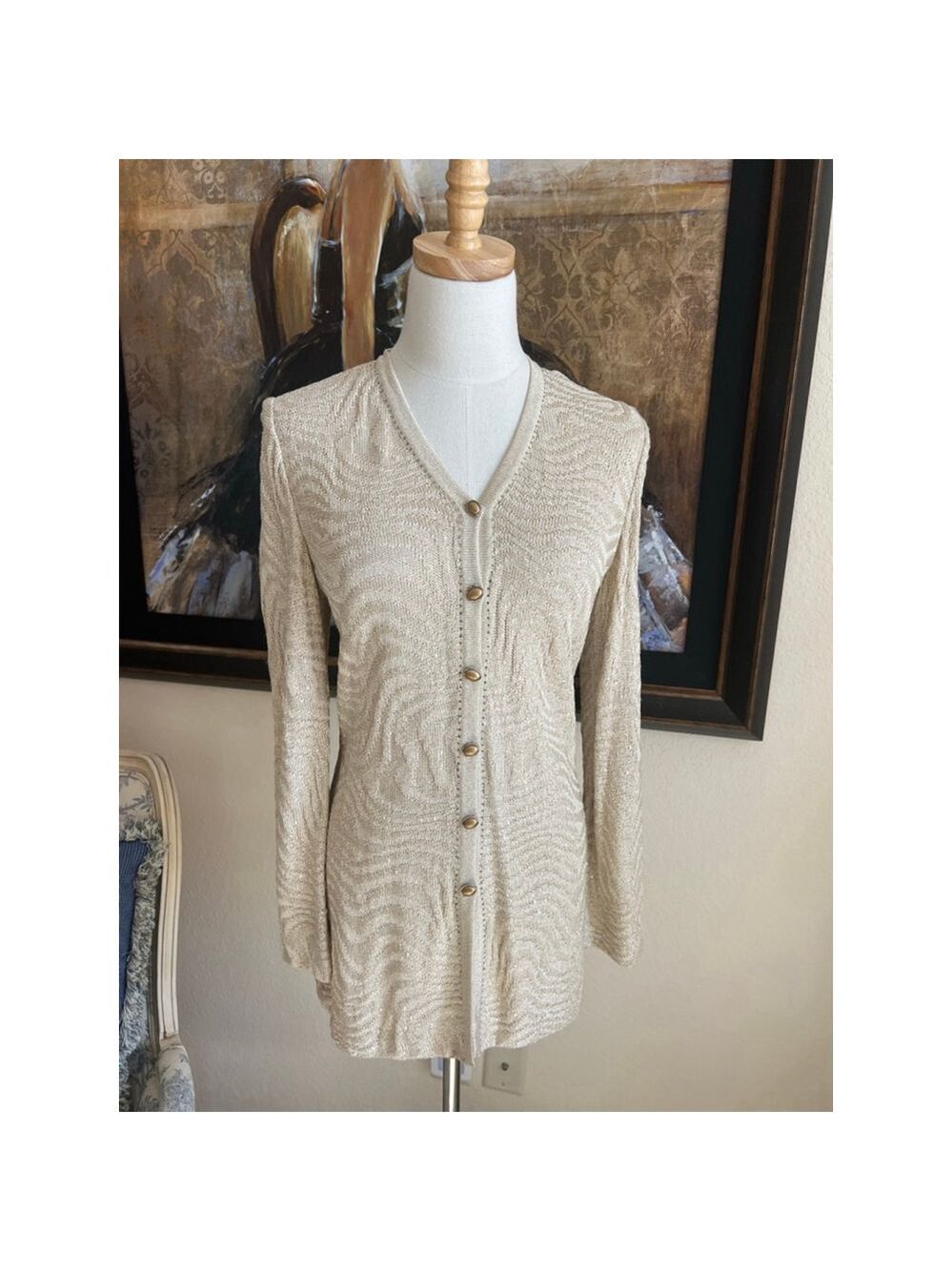St. John Evening Beige Gold Knit Cardigan Size 4